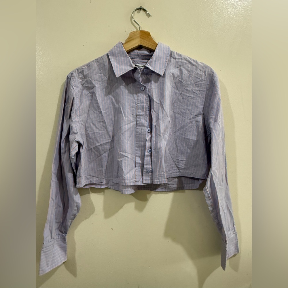 Reformation Cropped Button-Down Shirt in Light Lavender Stripe